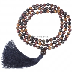 B Grade Mixed Color Tiger Eye Plain Round 8mm 108pcs Mala Knotted Necklace