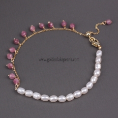 Freshwater Pearls Rice&Pink Tourmline with Base Metal Bracelet